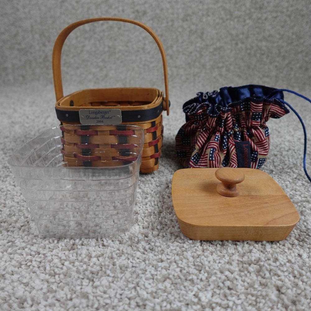 Longaberger 2004 Dresden Basket Set Patriotic Flag Liner Lid Protector Red Blue - Picture 12 of 13
